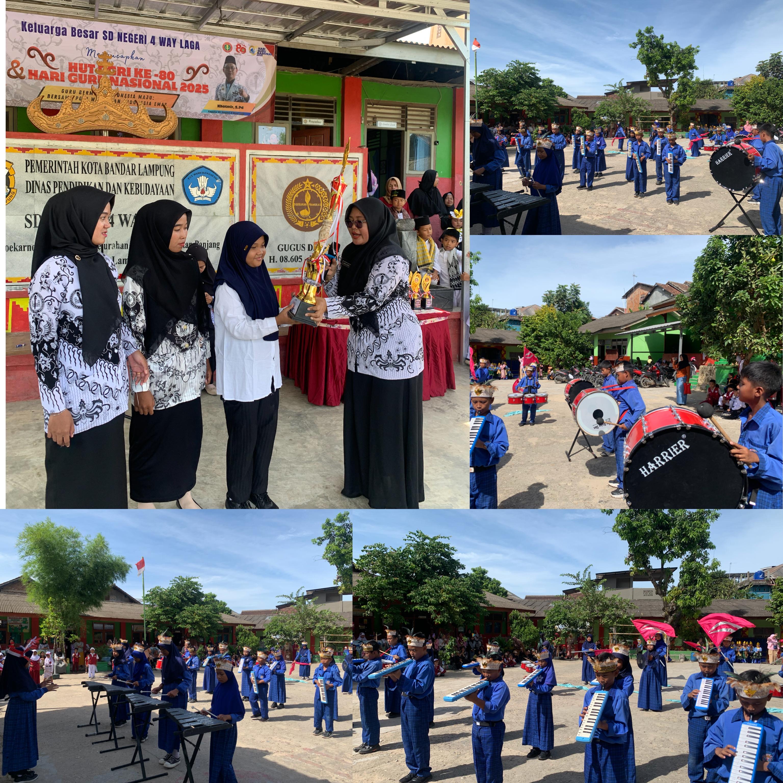 Gambar Berita: Marching Band Gita Nada Butuah SDN 4 Way Laga serahkan tropi juara 3 Kapolda Cup VMBC 3 tingkat Provinsi Lampung di HUT PGRI ke-80 dan HGN 2025.
